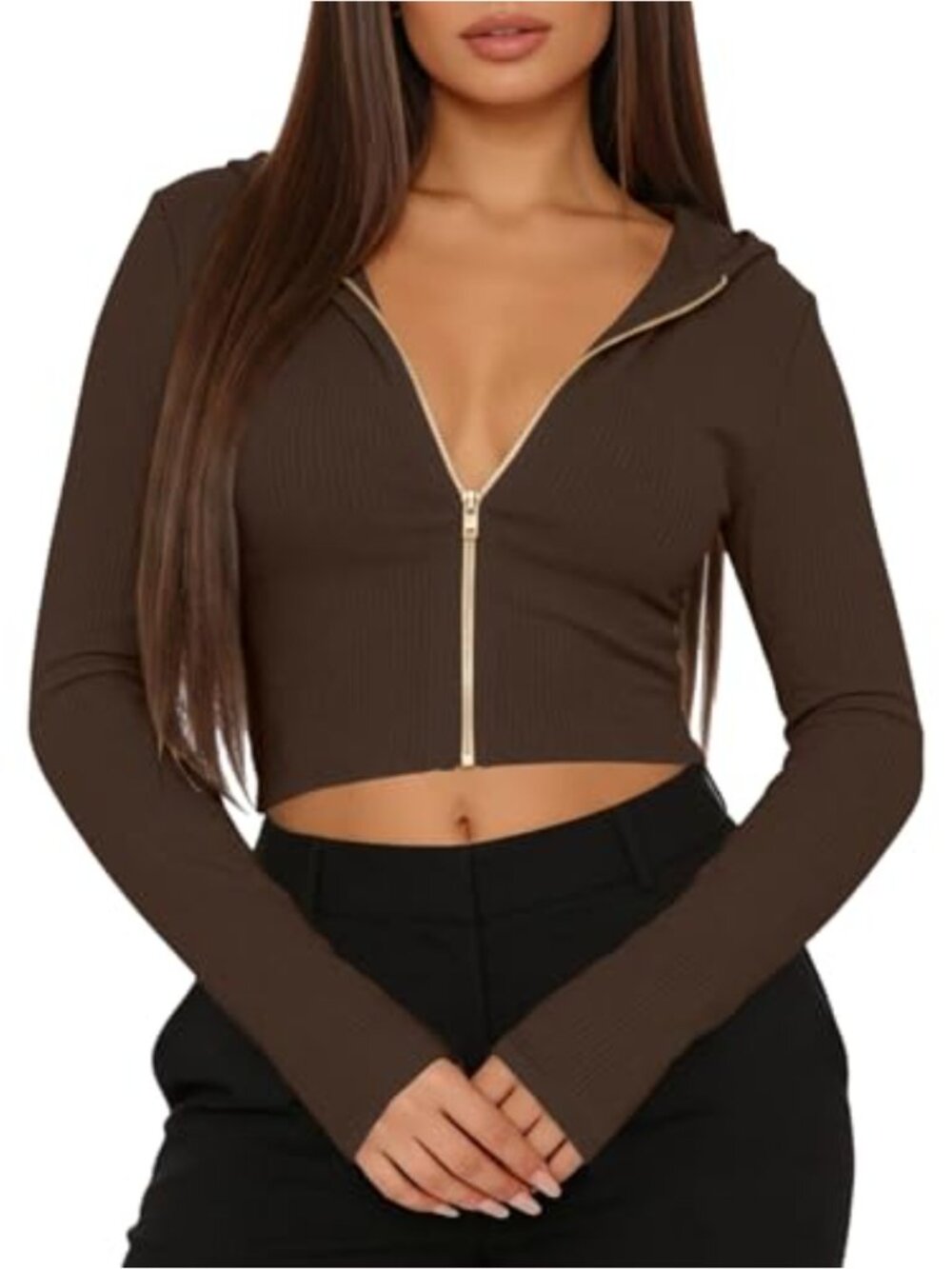Ribbed Cropped Zip Up Hoodie Long Sleeve Crop Sweatshirt